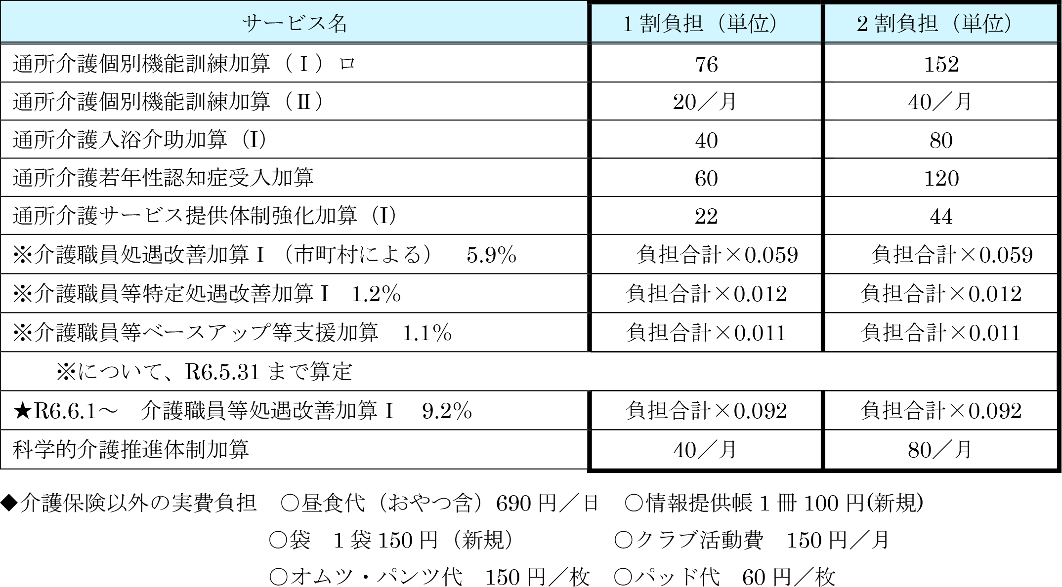 通常規模型通所介護　個別加算料金